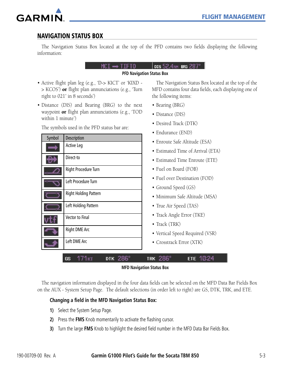 Navigation status box | Garmin G1000 Socata TBM 850 User Manual | Page 155 / 542