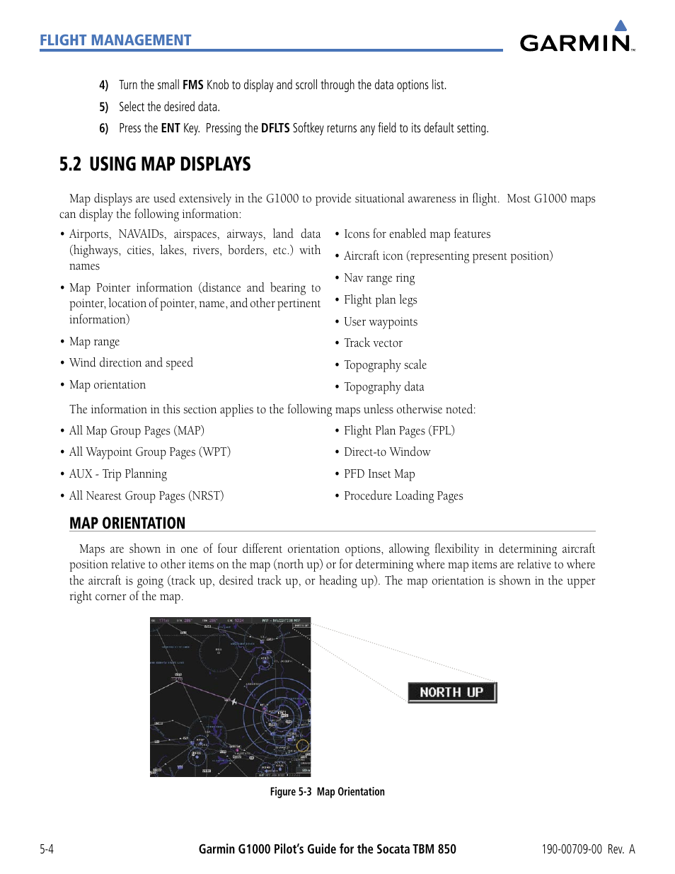 2 using map displays, Map orientation, 2 using map displays -4 | Garmin G1000 Socata TBM 850 User Manual | Page 156 / 542