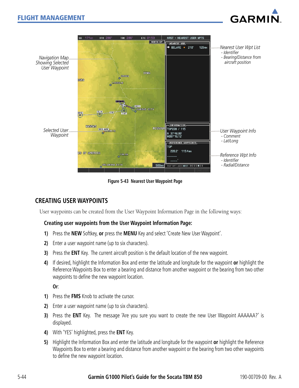 Flight management, Creating user waypoints | Garmin G1000 Socata TBM 850 User Manual | Page 196 / 542