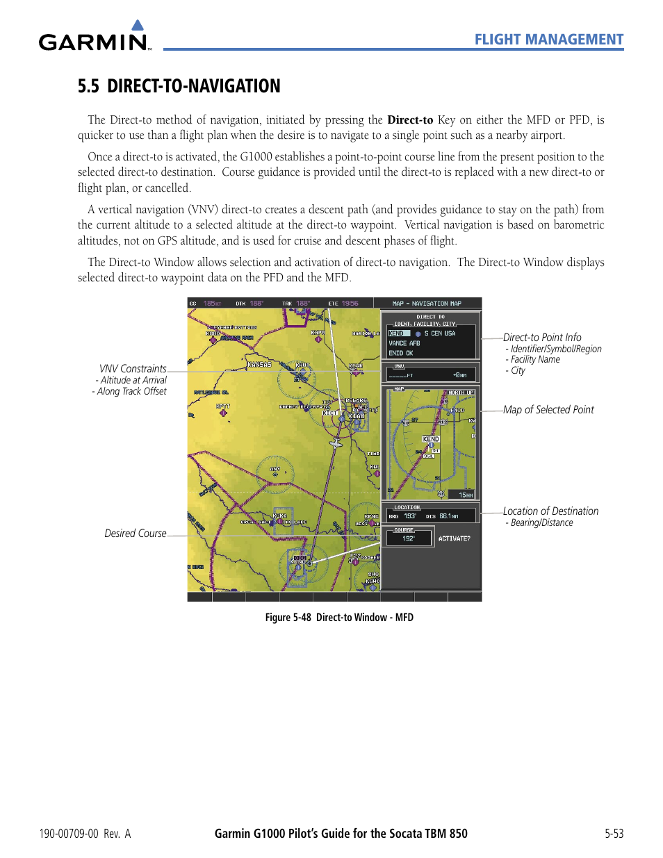 5 direct-to-navigation, 5 direct-to-navigation -53, Flight management | Garmin G1000 Socata TBM 850 User Manual | Page 205 / 542