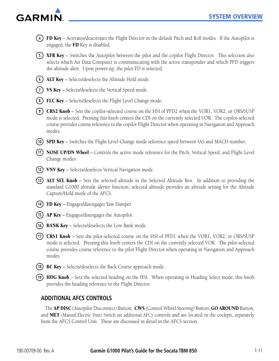 System overview, Additional afcs controls | Garmin G1000 Socata TBM 850 User Manual | Page 21 / 542