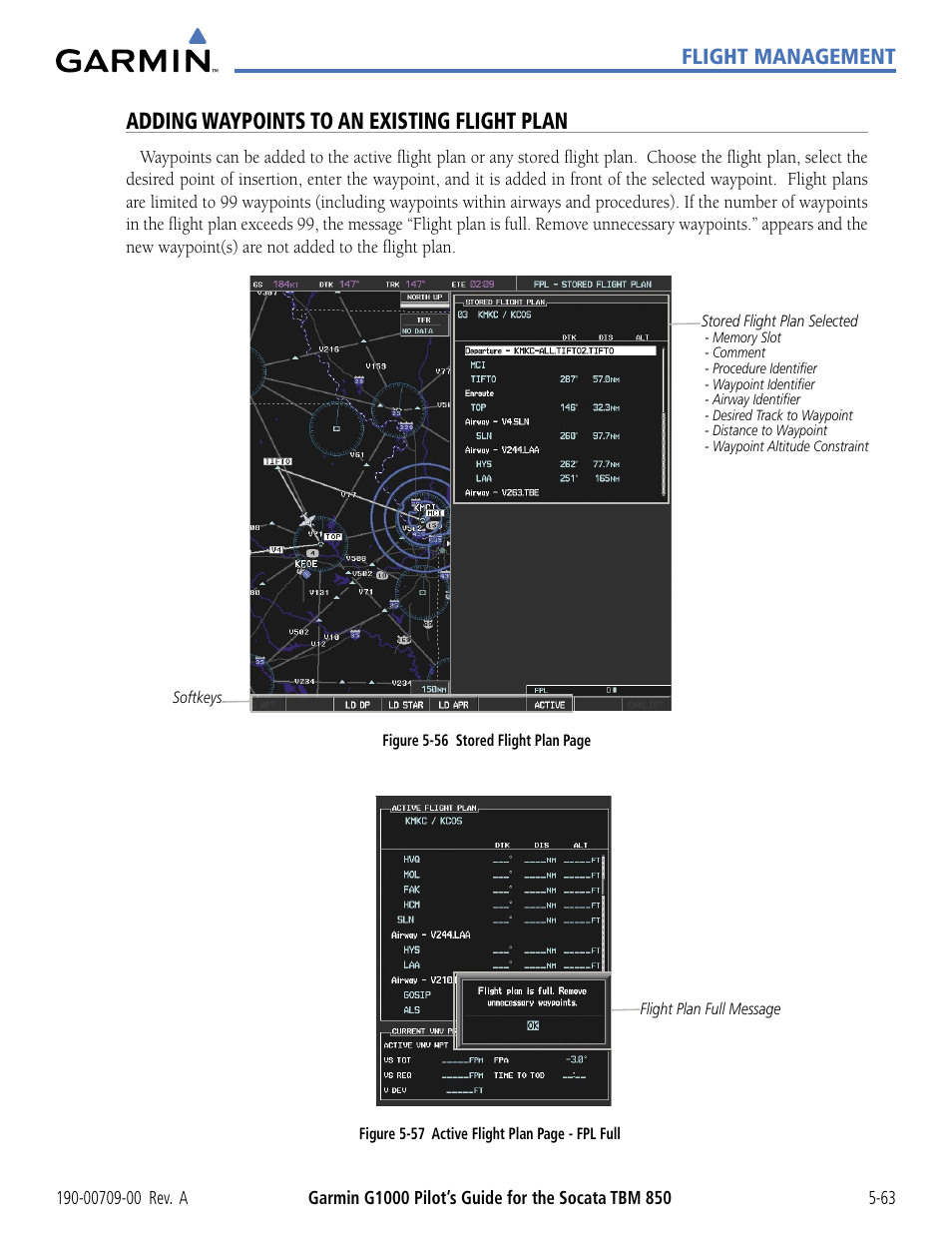 Adding waypoints to an existing flight plan, Flight management | Garmin G1000 Socata TBM 850 User Manual | Page 215 / 542