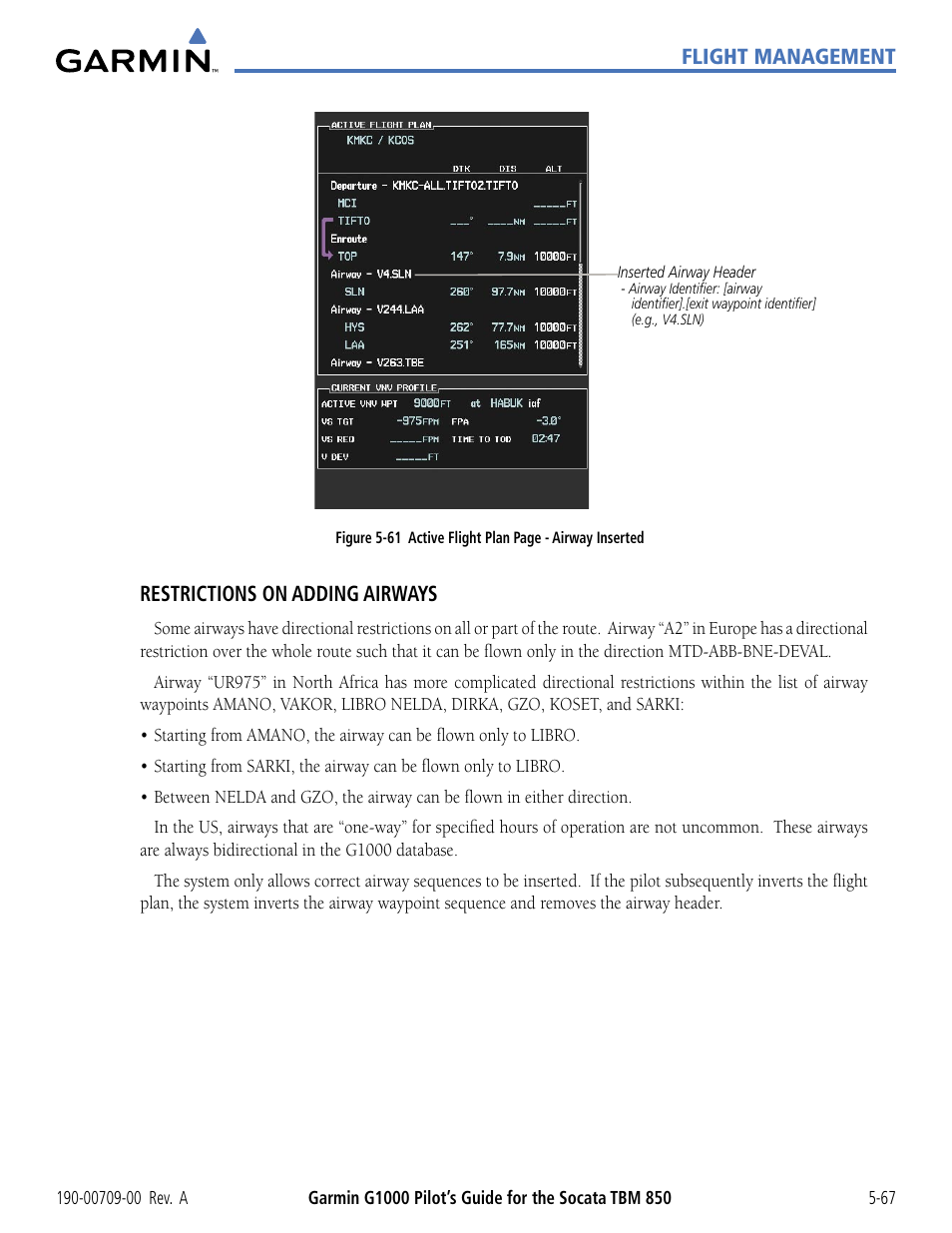 Flight management, Restrictions on adding airways | Garmin G1000 Socata TBM 850 User Manual | Page 219 / 542