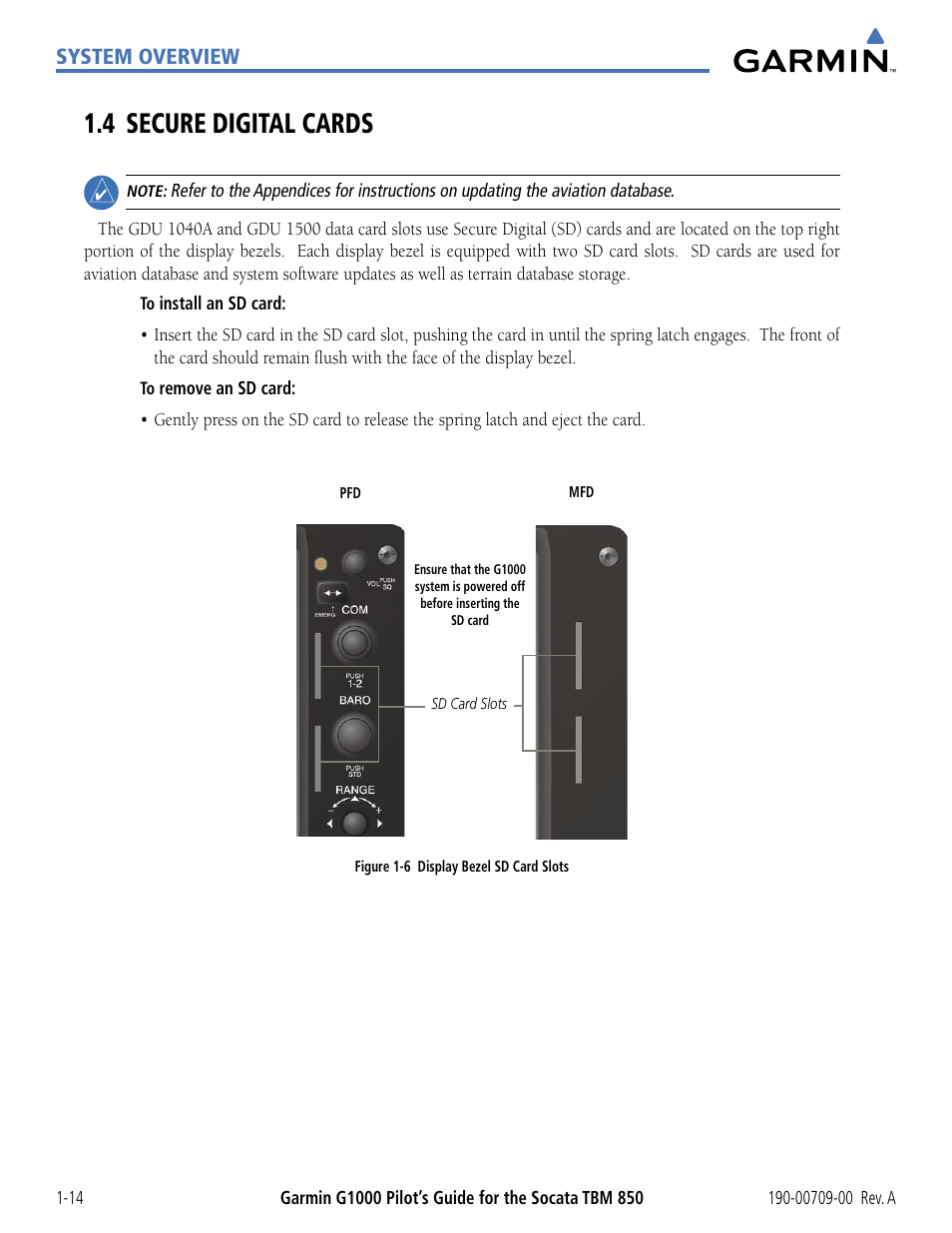 4 secure digital cards, 4 secure digital cards -14, System overview | Garmin G1000 Socata TBM 850 User Manual | Page 24 / 542