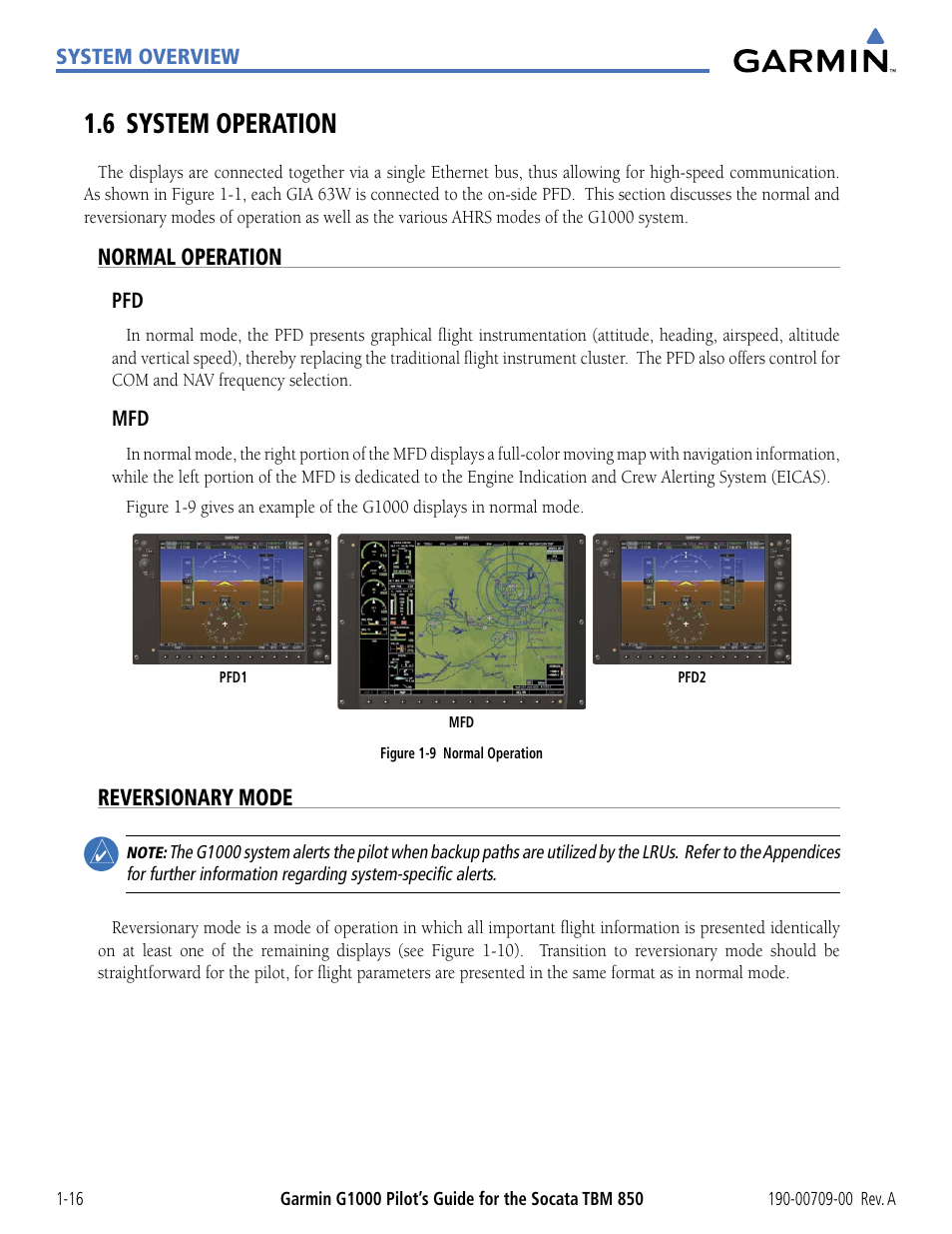 6 system operation, Normal operation, Reversionary mode | 6 system operation -16 | Garmin G1000 Socata TBM 850 User Manual | Page 26 / 542
