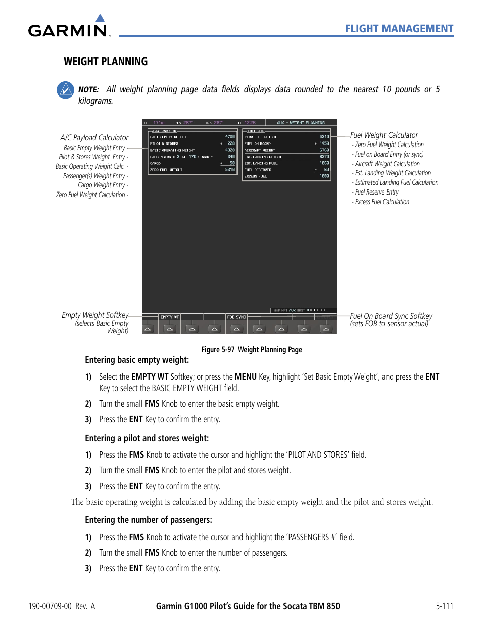 Weight planning, Flight management | Garmin G1000 Socata TBM 850 User Manual | Page 263 / 542