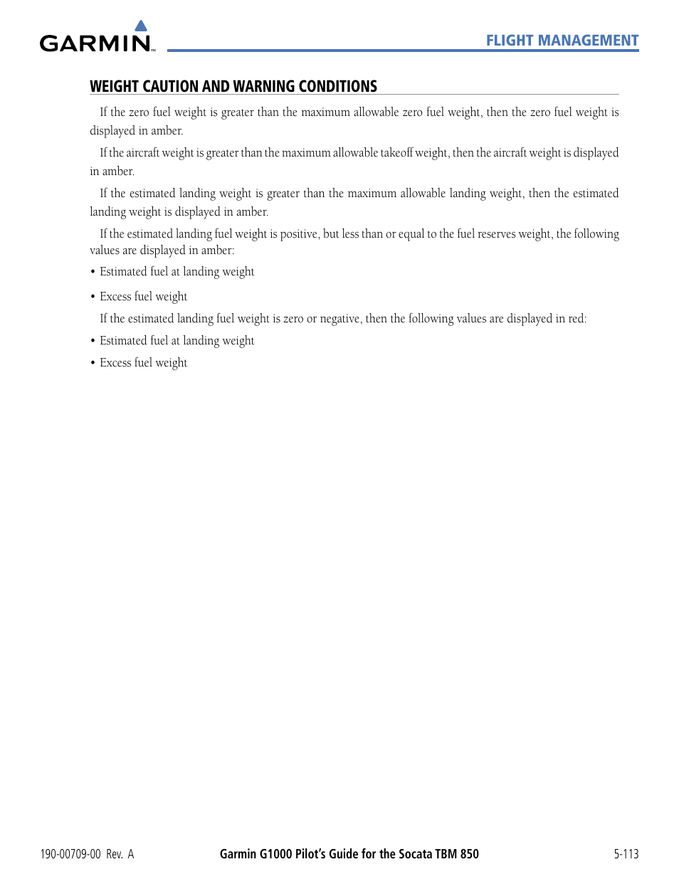 Weight caution and warning conditions | Garmin G1000 Socata TBM 850 User Manual | Page 265 / 542