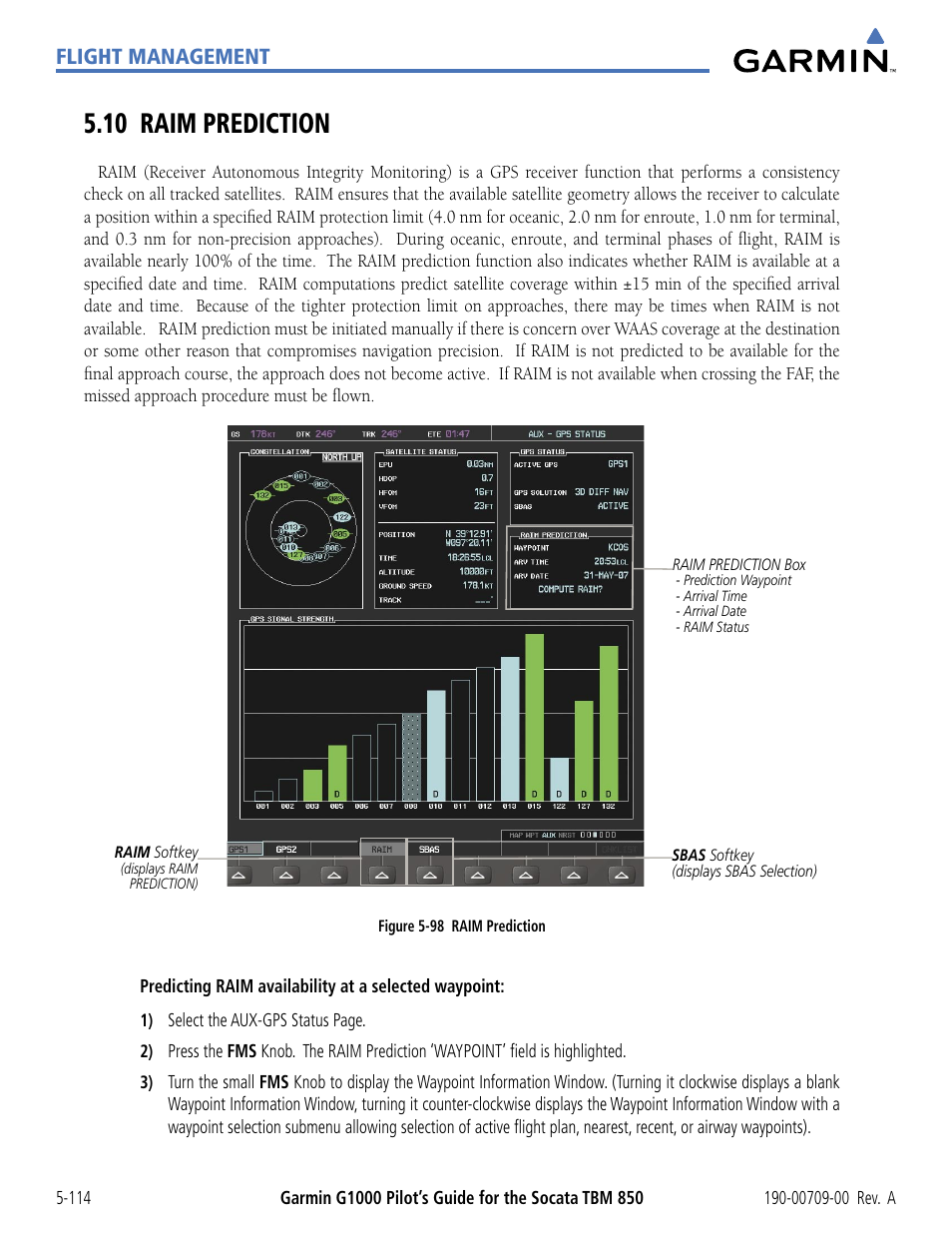 10 raim prediction, 10 raim prediction -114, Flight management | Garmin G1000 Socata TBM 850 User Manual | Page 266 / 542