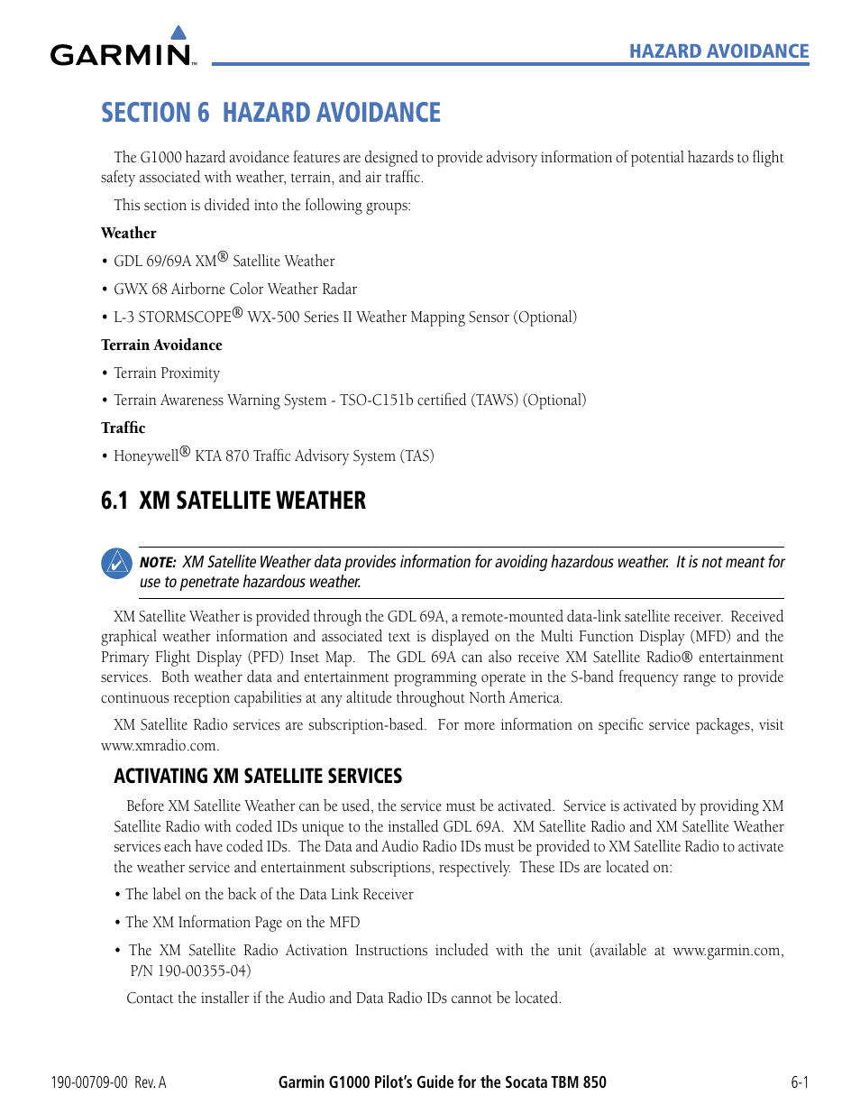 Section 6 hazard avoidance, 1 xm satellite weather, 1 xm satellite weather -1 | Activating xm satellite services | Garmin G1000 Socata TBM 850 User Manual | Page 301 / 542