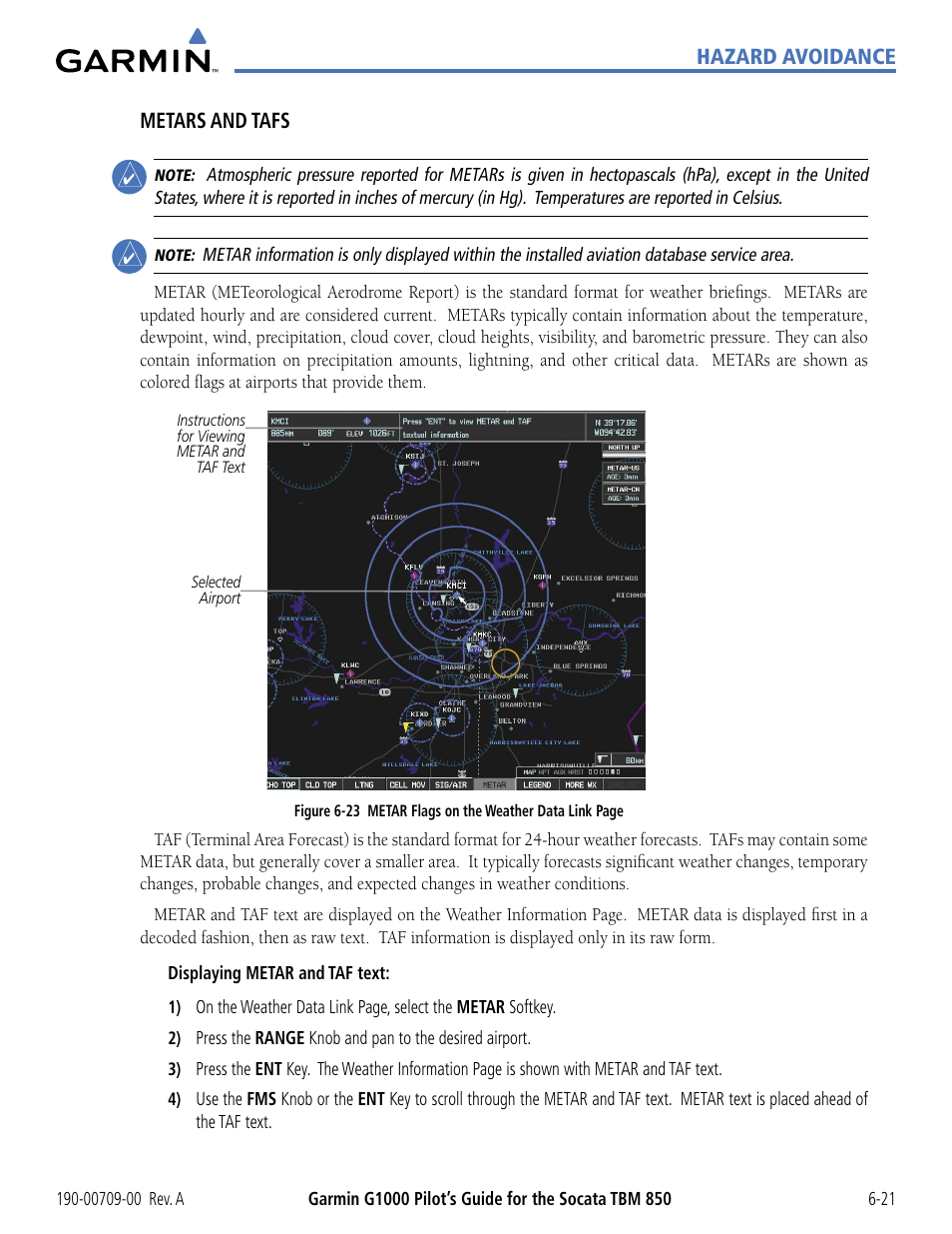 Hazard avoidance metars and tafs | Garmin G1000 Socata TBM 850 User Manual | Page 321 / 542