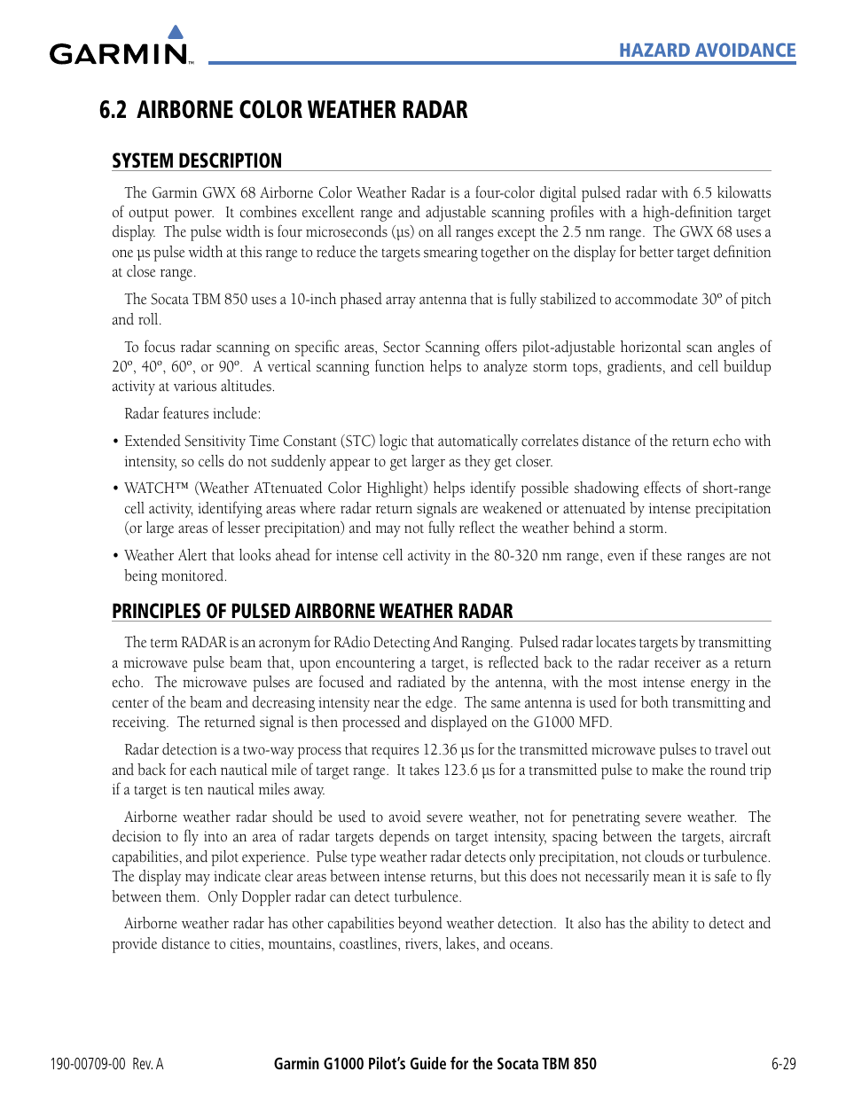2 airborne color weather radar, System description, Principles of pulsed airborne weather radar | 2 airborne color weather radar -29 | Garmin G1000 Socata TBM 850 User Manual | Page 329 / 542