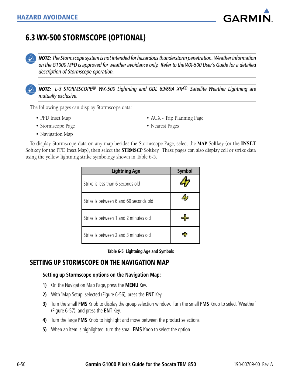 3 wx-500 stormscope (optional), Setting up stormscope on the navigation map, 3 wx-500 stormscope (optional) -50 | Garmin G1000 Socata TBM 850 User Manual | Page 350 / 542