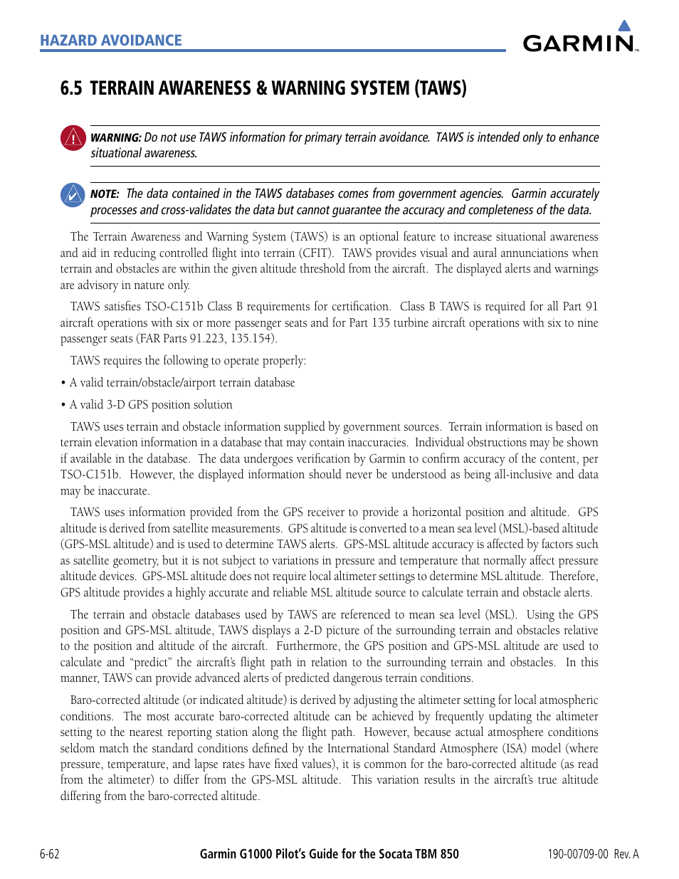 5 terrain awareness & warning system (taws), 5 terrain awareness & warning system (taws) 6-62 | Garmin G1000 Socata TBM 850 User Manual | Page 362 / 542