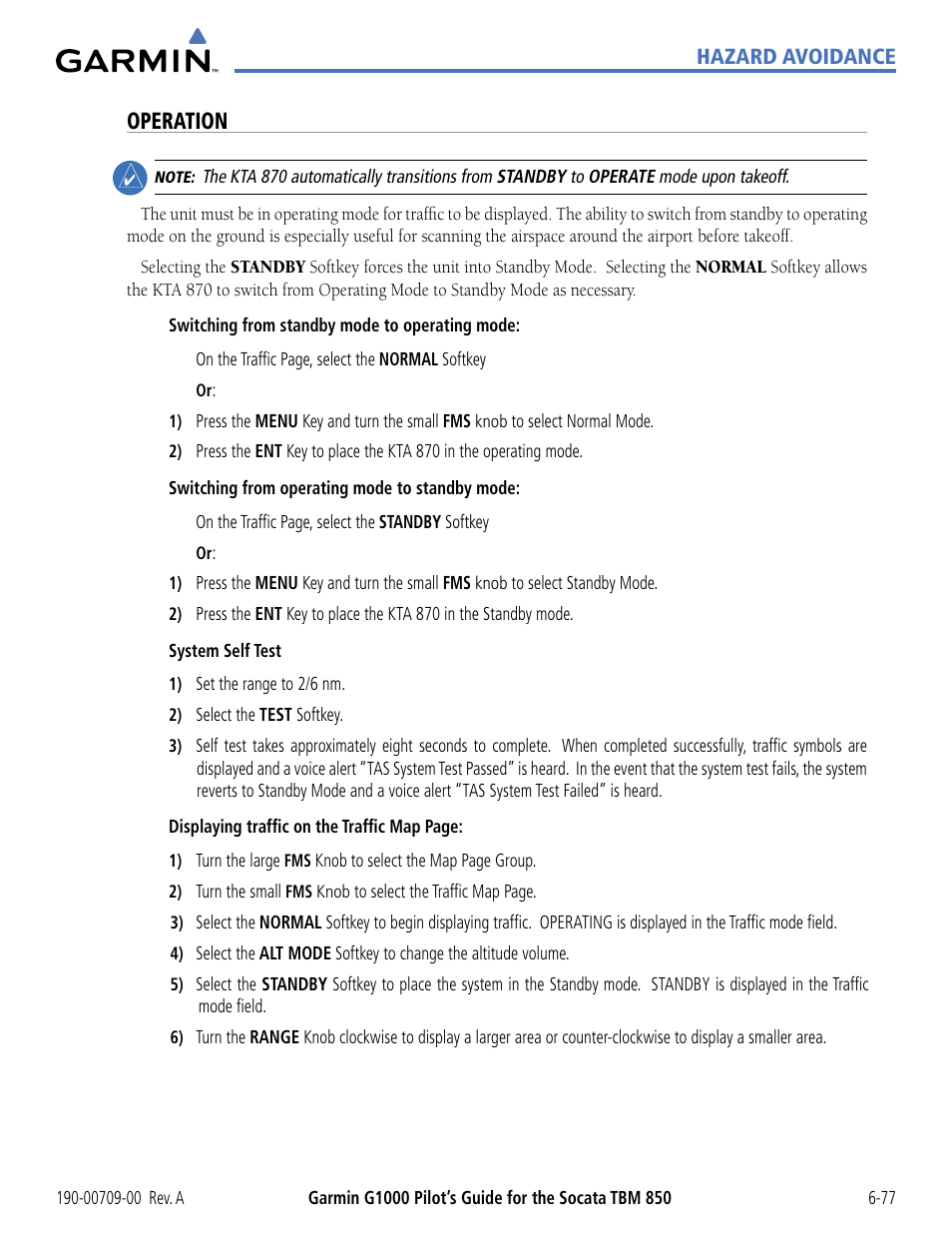 Operation | Garmin G1000 Socata TBM 850 User Manual | Page 377 / 542