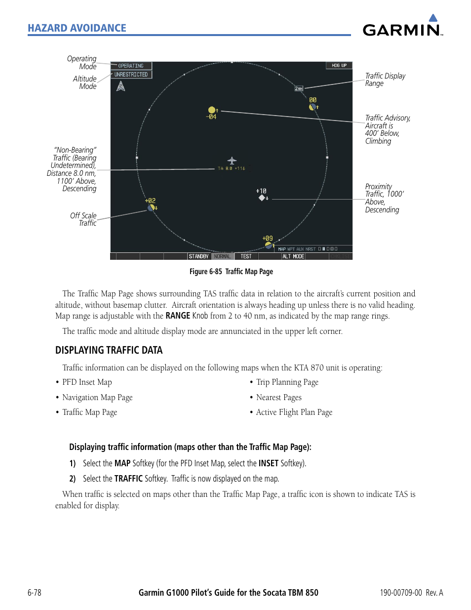 Hazard avoidance, Displaying traffic data | Garmin G1000 Socata TBM 850 User Manual | Page 378 / 542