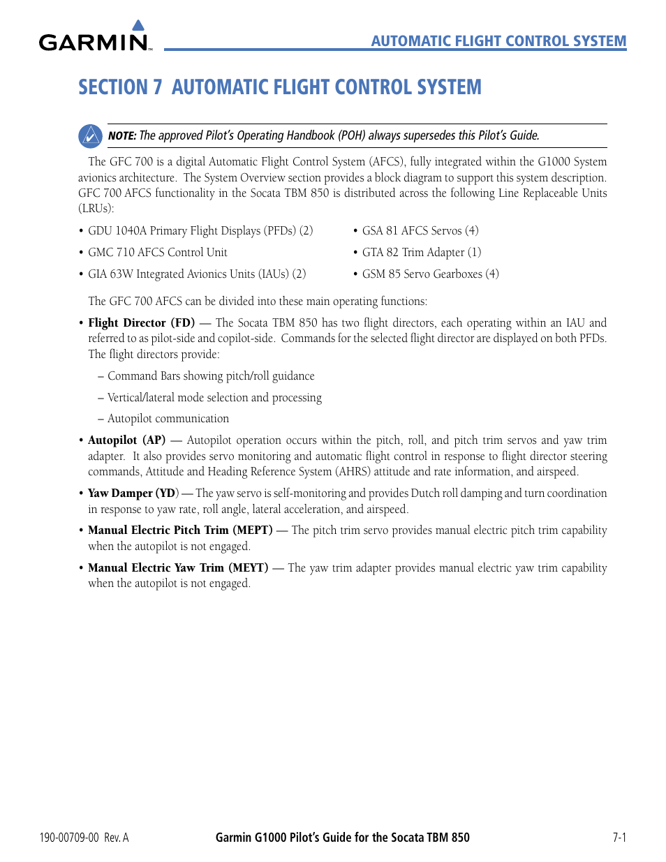 Section 7 automatic flight control system | Garmin G1000 Socata TBM 850 User Manual | Page 385 / 542