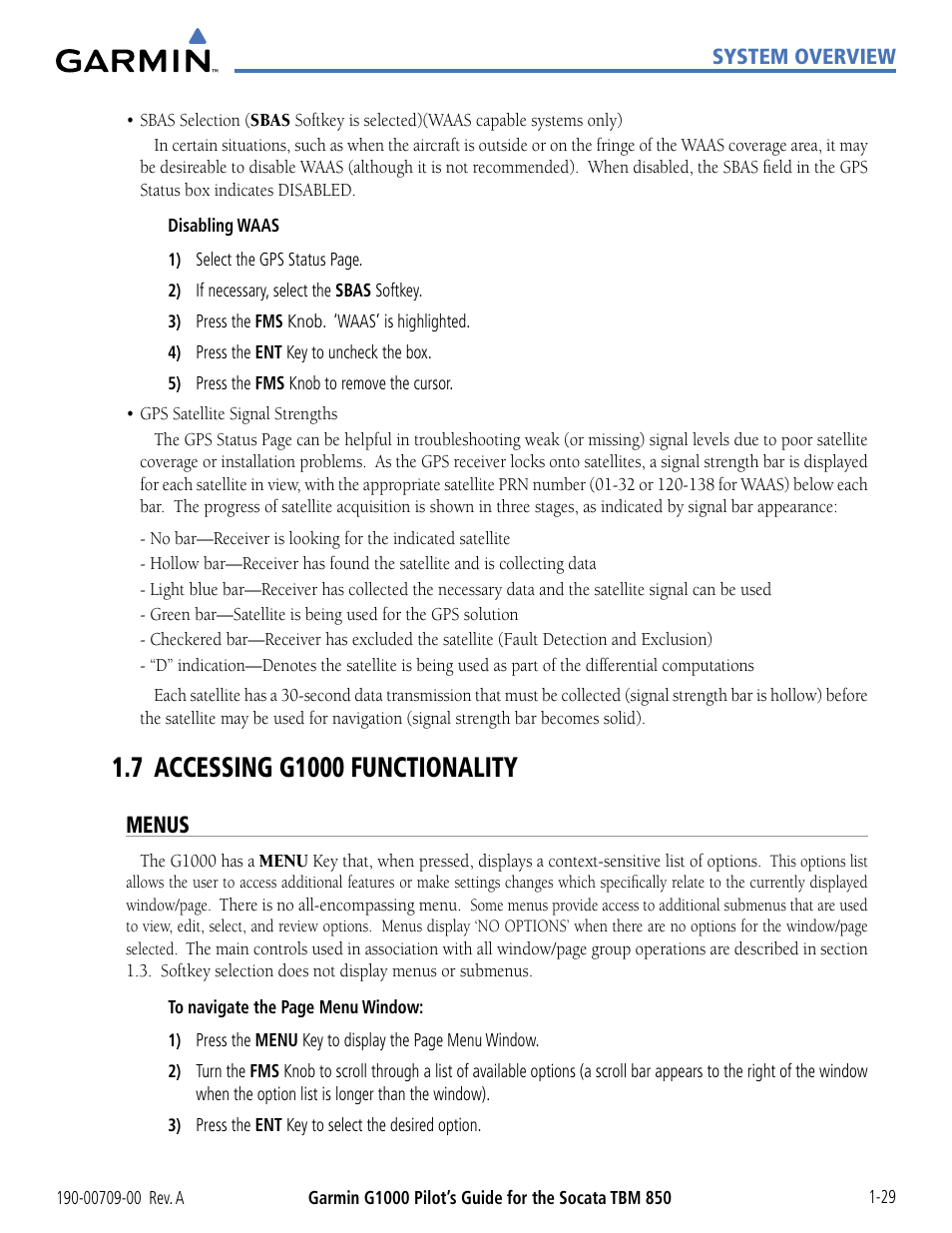 7 accessing g1000 functionality, Menus, 7 accessing g1000 functionality -29 | Garmin G1000 Socata TBM 850 User Manual | Page 39 / 542