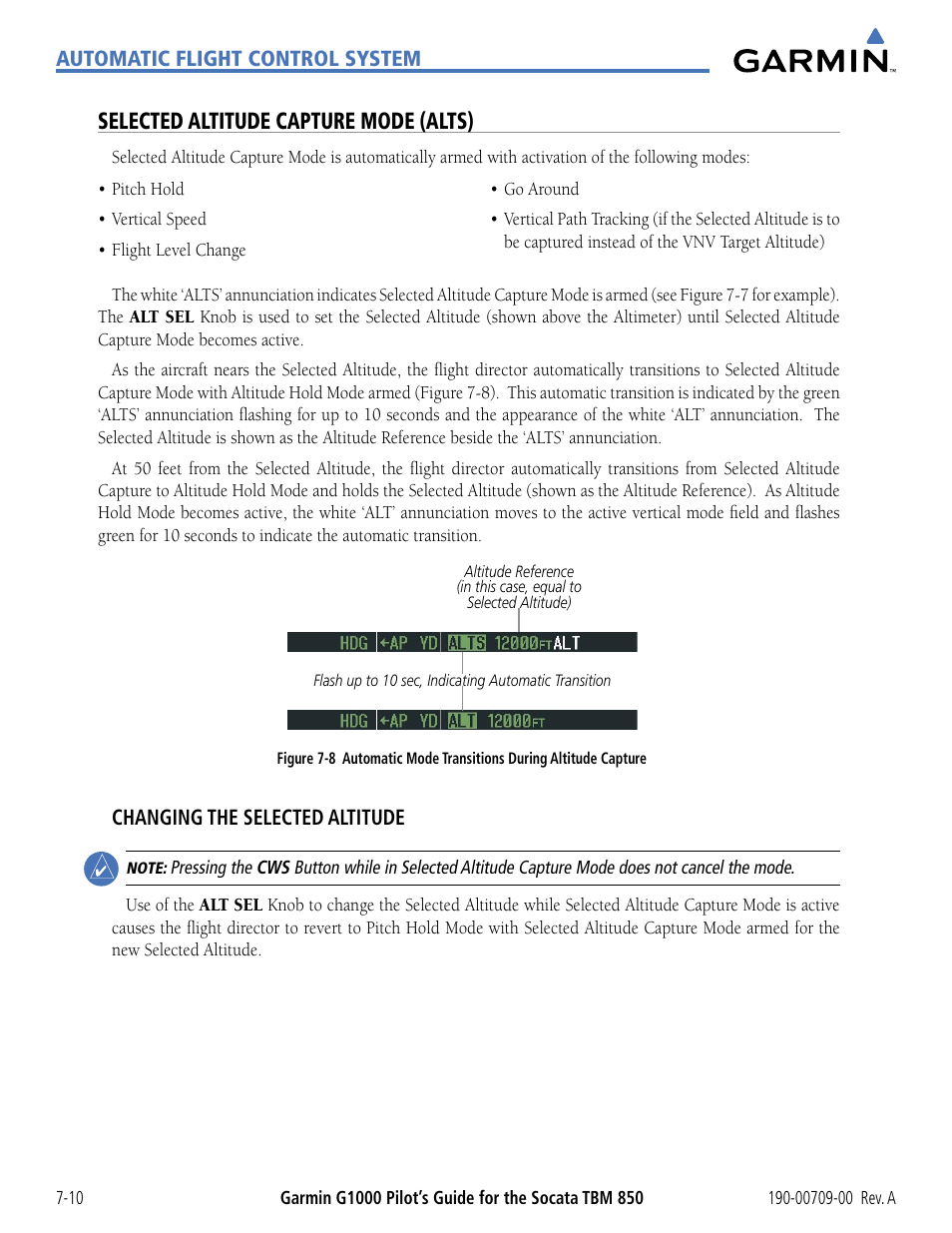 Selected altitude capture mode (alts) | Garmin G1000 Socata TBM 850 User Manual | Page 394 / 542