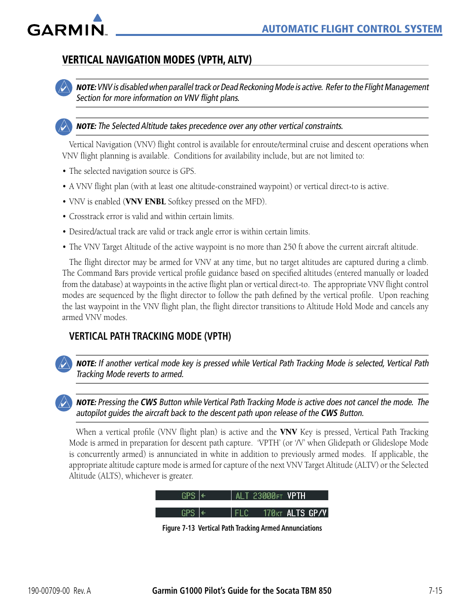 Vertical navigation modes (vpth, altv) | Garmin G1000 Socata TBM 850 User Manual | Page 399 / 542