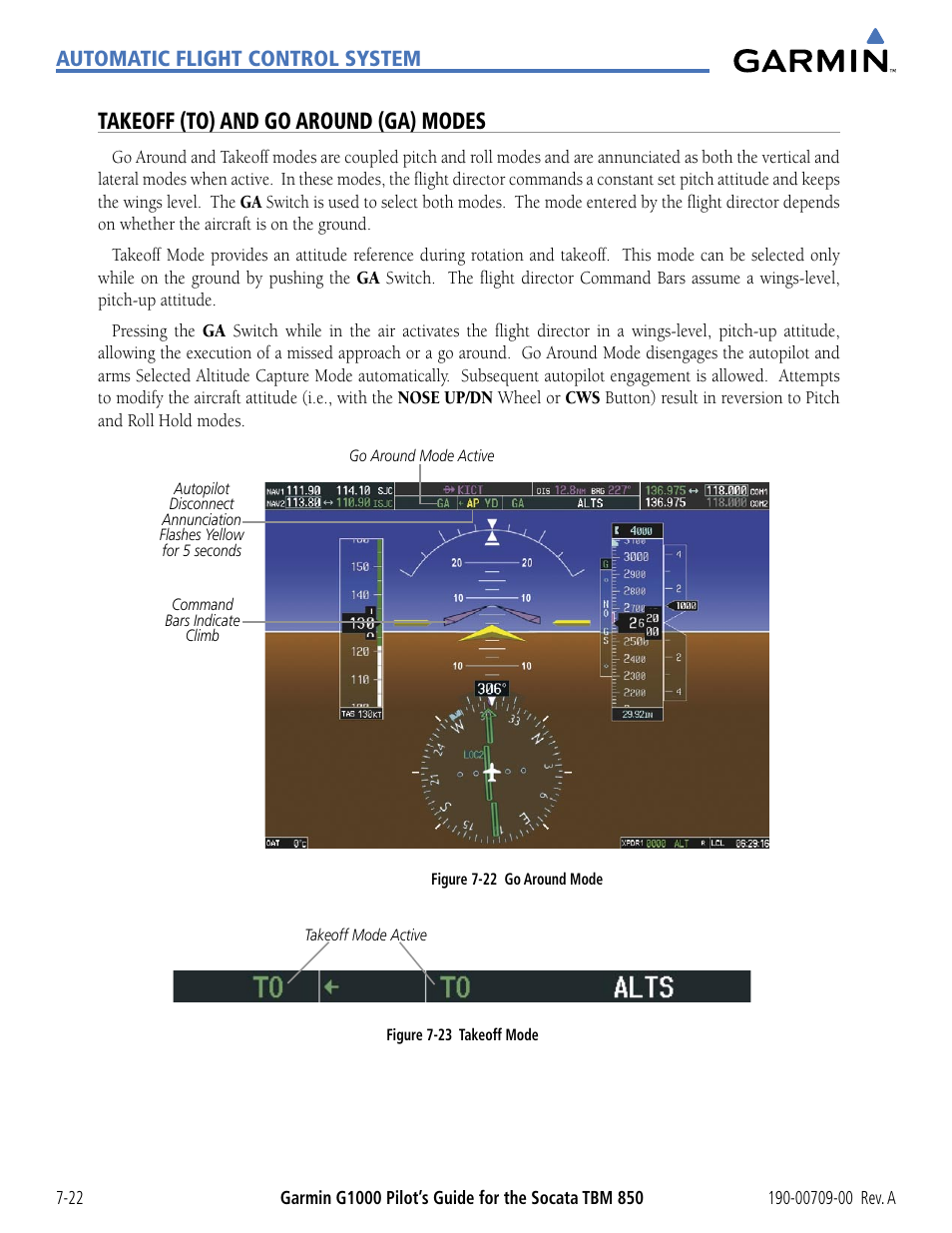 Takeoff (to) and go around (ga) modes, Automatic flight control system | Garmin G1000 Socata TBM 850 User Manual | Page 406 / 542