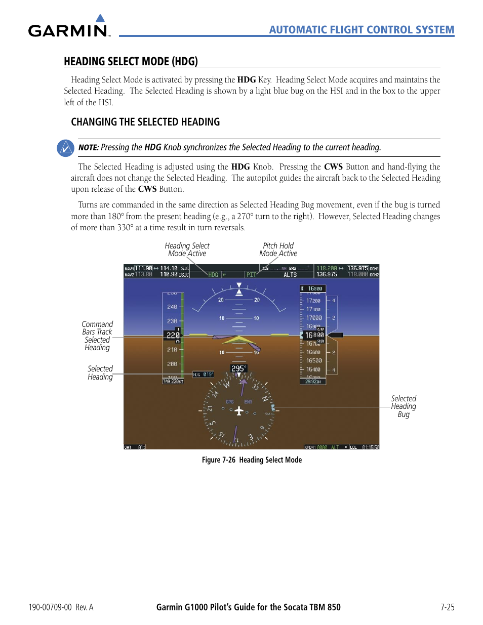 Heading select mode (hdg), Automatic flight control system, Changing the selected heading | Garmin G1000 Socata TBM 850 User Manual | Page 409 / 542