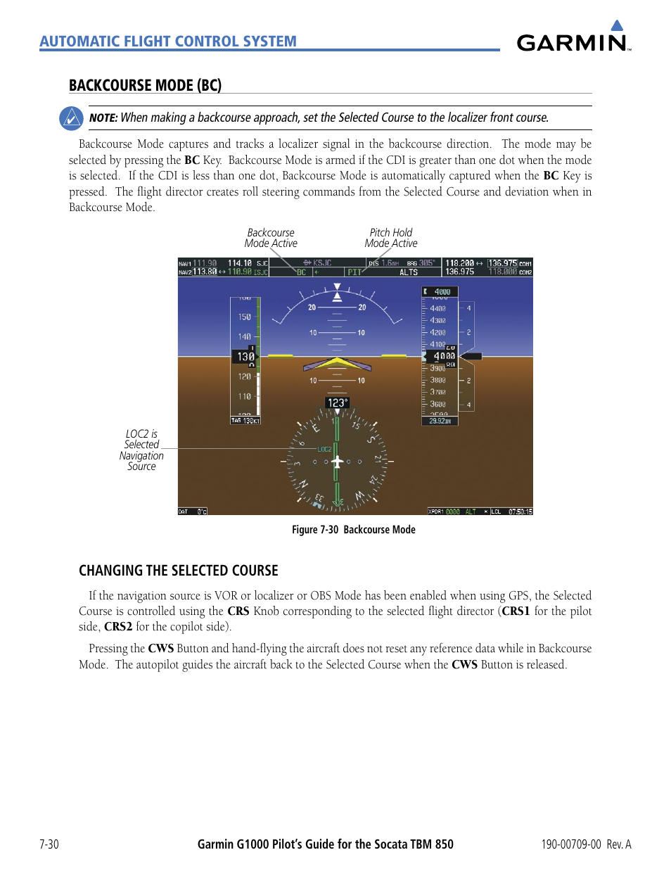 Backcourse mode (bc), Automatic flight control system, Changing the selected course | Garmin G1000 Socata TBM 850 User Manual | Page 414 / 542