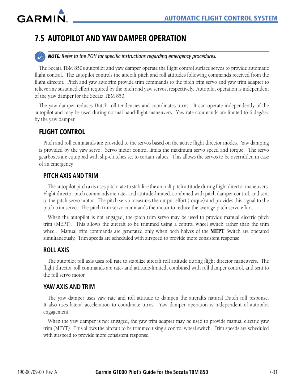 5 autopilot and yaw damper operation, Flight control, 5 autopilot and yaw damper operation -31 | Garmin G1000 Socata TBM 850 User Manual | Page 415 / 542