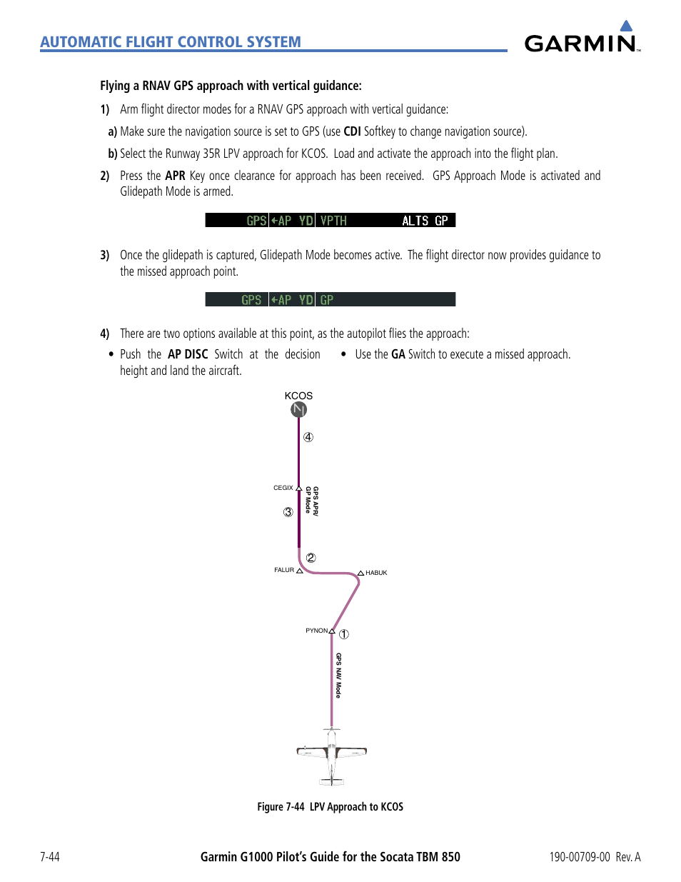 Automatic flight control system, Flying a rnav gps approach with vertical guidance | Garmin G1000 Socata TBM 850 User Manual | Page 428 / 542