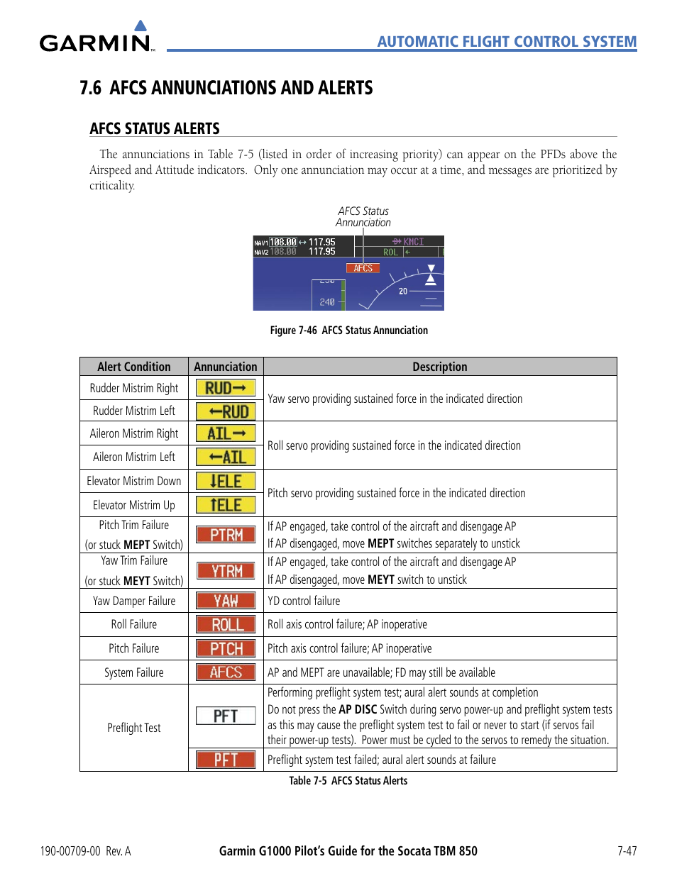 6 afcs annunciations and alerts, Afcs status alerts, 6 afcs annunciations and alerts -47 | Automatic flight control system | Garmin G1000 Socata TBM 850 User Manual | Page 431 / 542