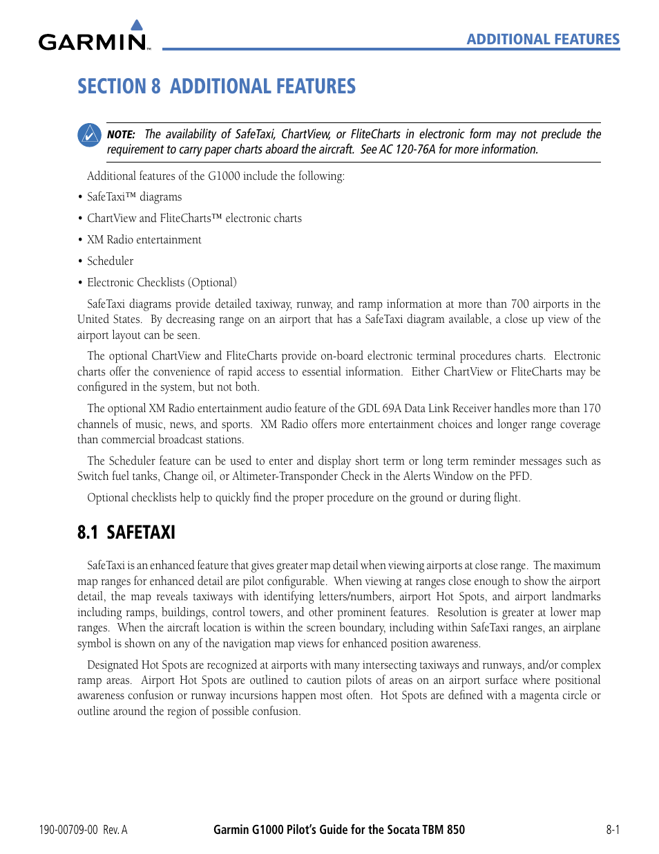 Section 8 additional features, 1 safetaxi, 1 safetaxi -1 | Garmin G1000 Socata TBM 850 User Manual | Page 433 / 542