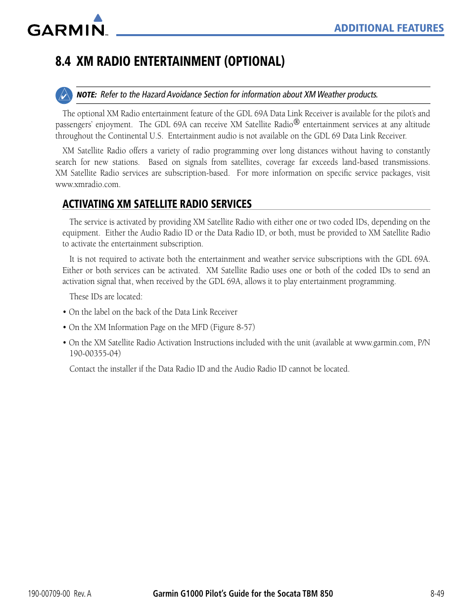 4 xm radio entertainment (optional), Activating xm satellite radio services, 4 xm radio entertainment (optional) -49 | Garmin G1000 Socata TBM 850 User Manual | Page 481 / 542