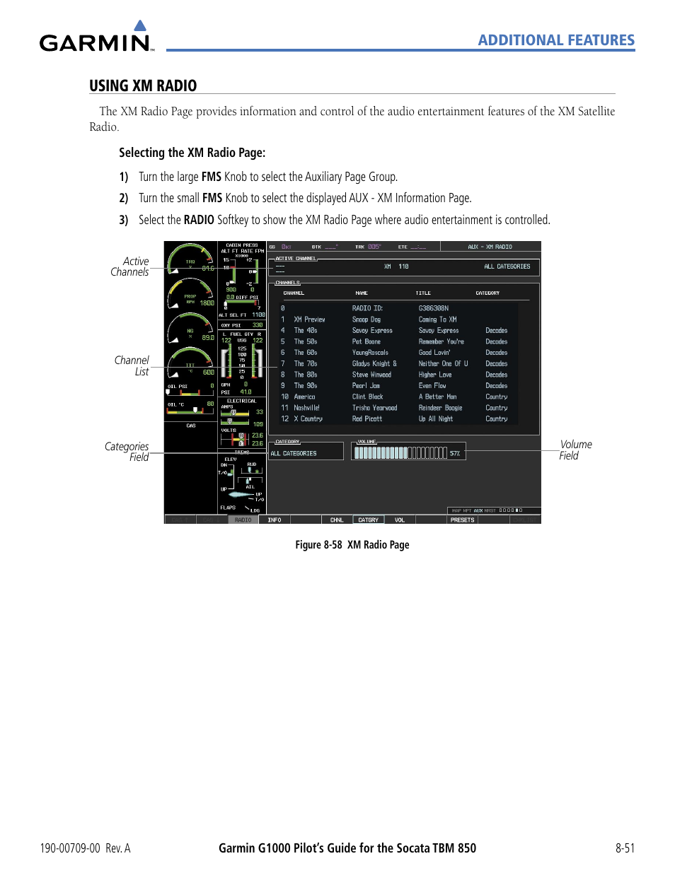 Using xm radio, Additional features | Garmin G1000 Socata TBM 850 User Manual | Page 483 / 542