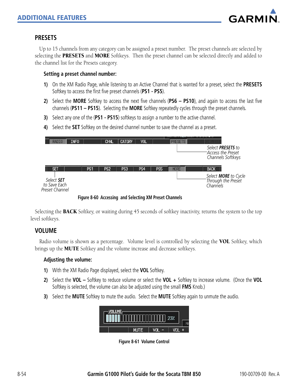 Additional features presets, Volume | Garmin G1000 Socata TBM 850 User Manual | Page 486 / 542