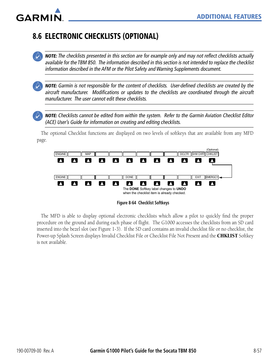 6 electronic checklists (optional), 6 electronic checklists (optional) -57, Additional features | Garmin G1000 Socata TBM 850 User Manual | Page 489 / 542