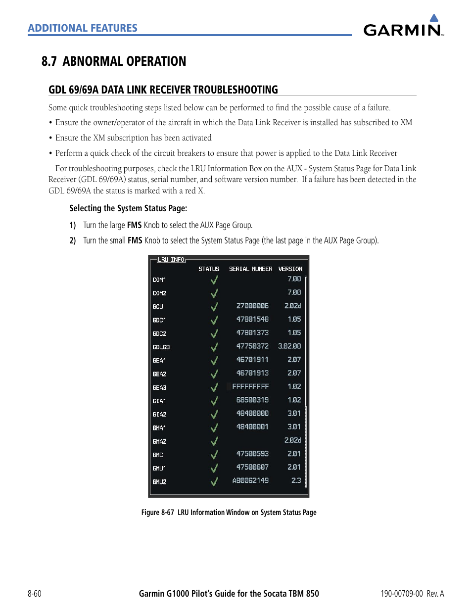 7 abnormal operation, 7 abnormal operation -60, Gdl 69/69a data link receiver troubleshooting | Garmin G1000 Socata TBM 850 User Manual | Page 492 / 542