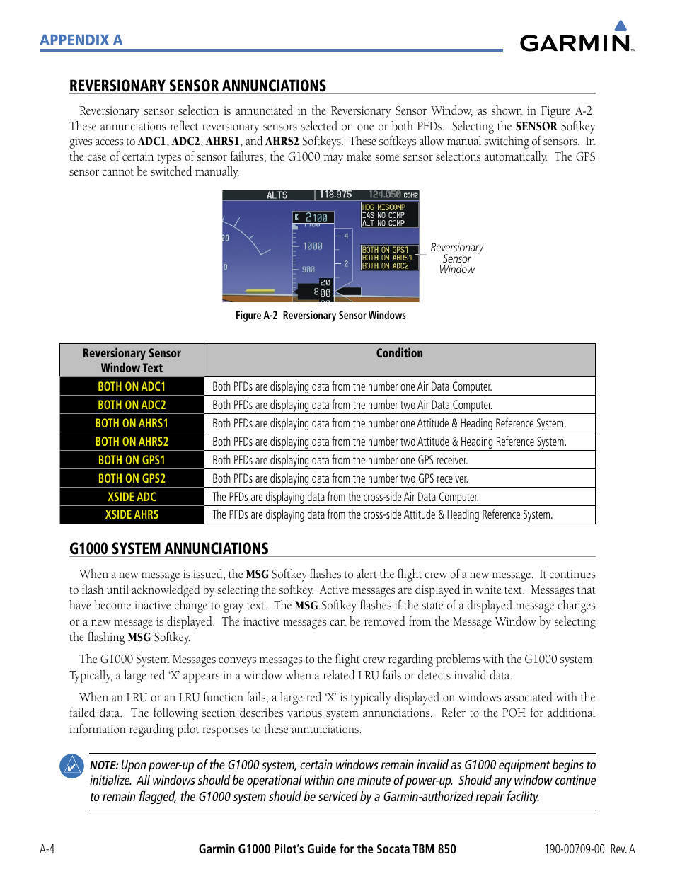 Reversionary sensor annunciations, G1000 system annunciations | Garmin G1000 Socata TBM 850 User Manual | Page 498 / 542