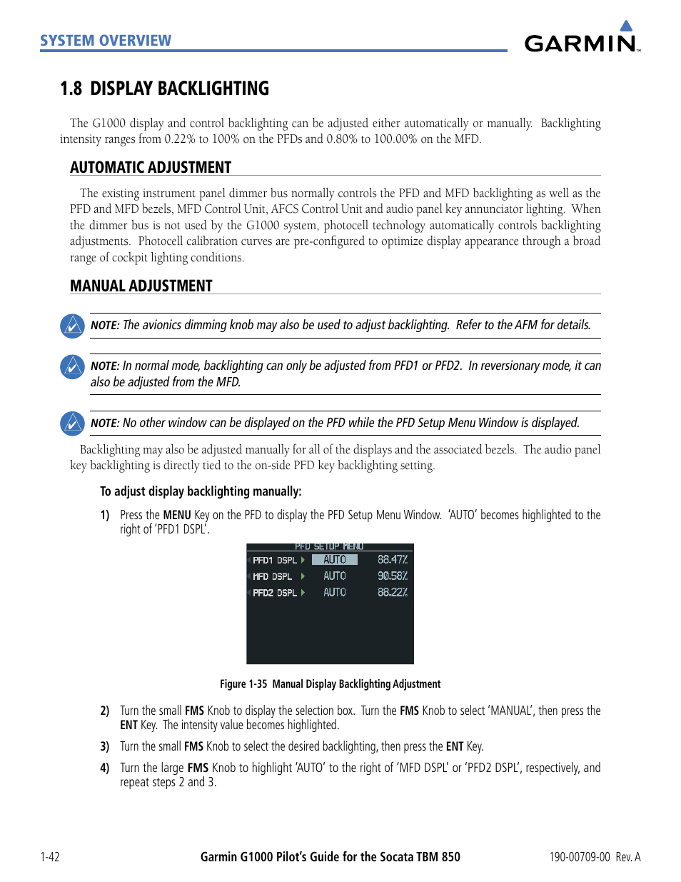 8 display backlighting, Automatic adjustment, Manual adjustment | 8 display backlighting -42 | Garmin G1000 Socata TBM 850 User Manual | Page 52 / 542