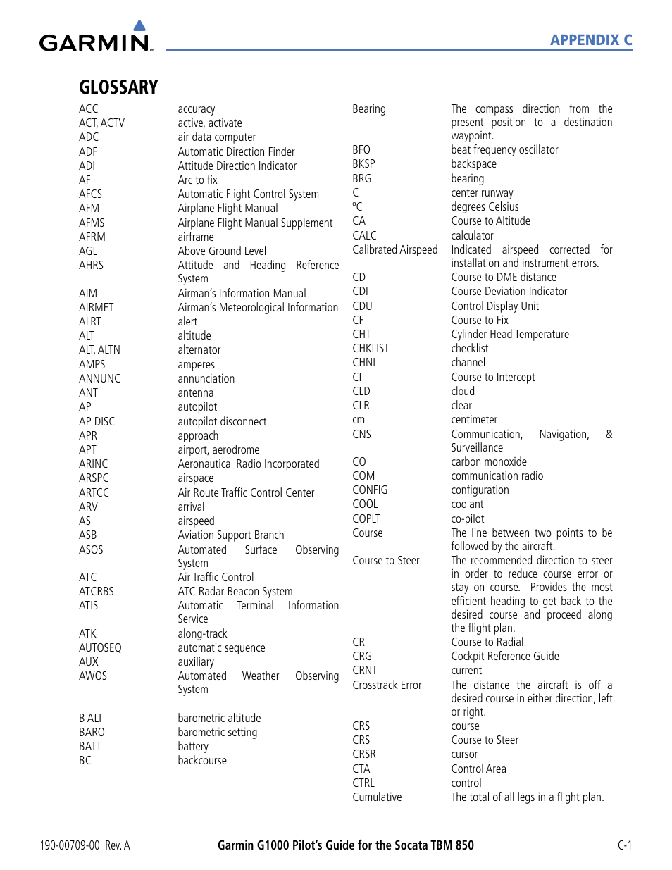 Glossary, Appendix c | Garmin G1000 Socata TBM 850 User Manual | Page 521 / 542