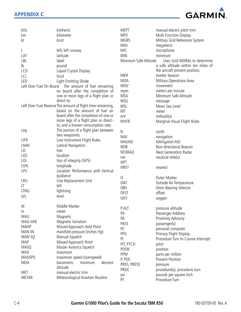 Appendix c | Garmin G1000 Socata TBM 850 User Manual | Page 524 / 542