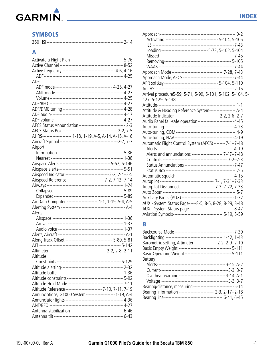 Index, Index symbols | Garmin G1000 Socata TBM 850 User Manual | Page 537 / 542