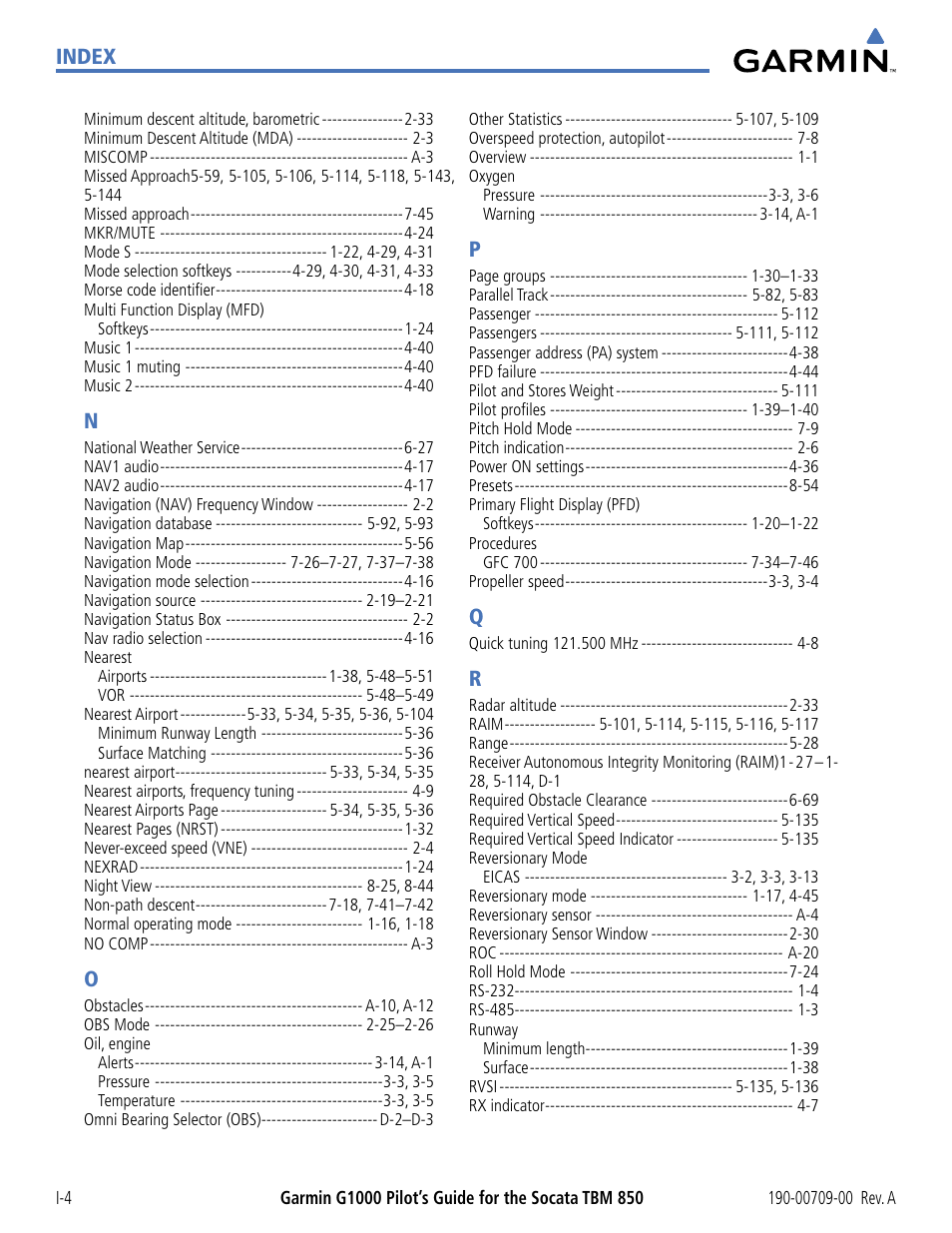 Index | Garmin G1000 Socata TBM 850 User Manual | Page 540 / 542