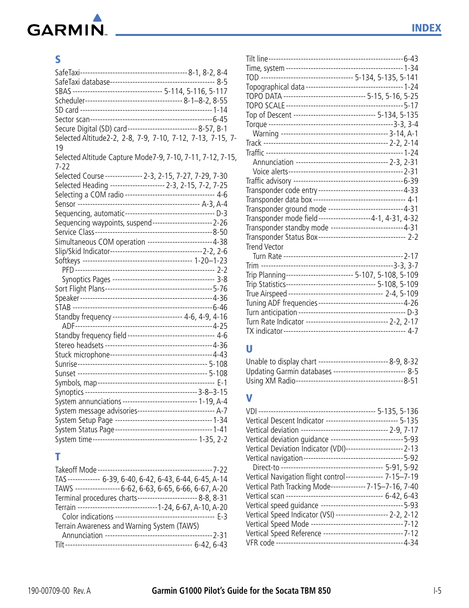 Index s | Garmin G1000 Socata TBM 850 User Manual | Page 541 / 542