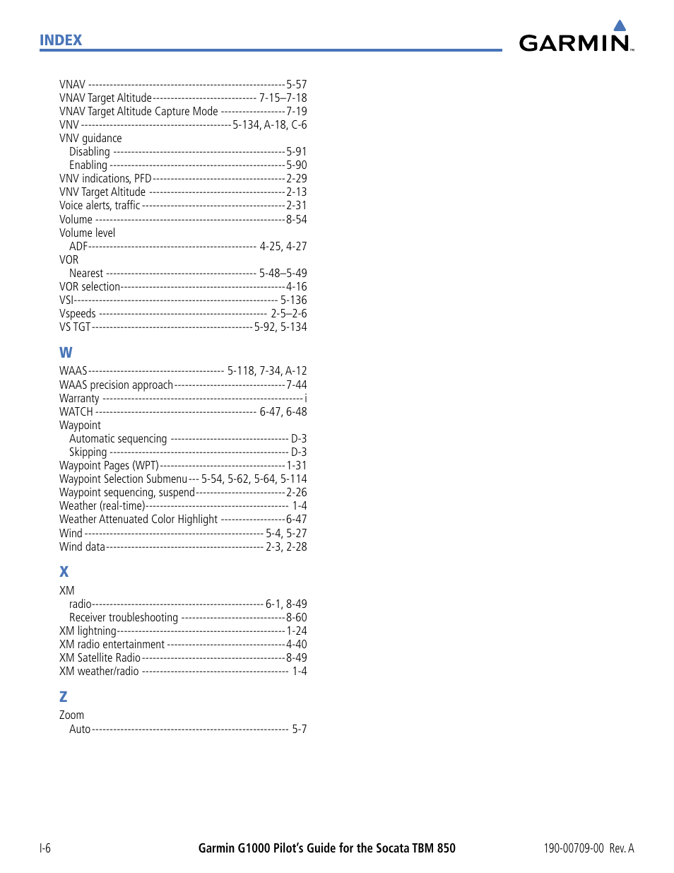 Index | Garmin G1000 Socata TBM 850 User Manual | Page 542 / 542