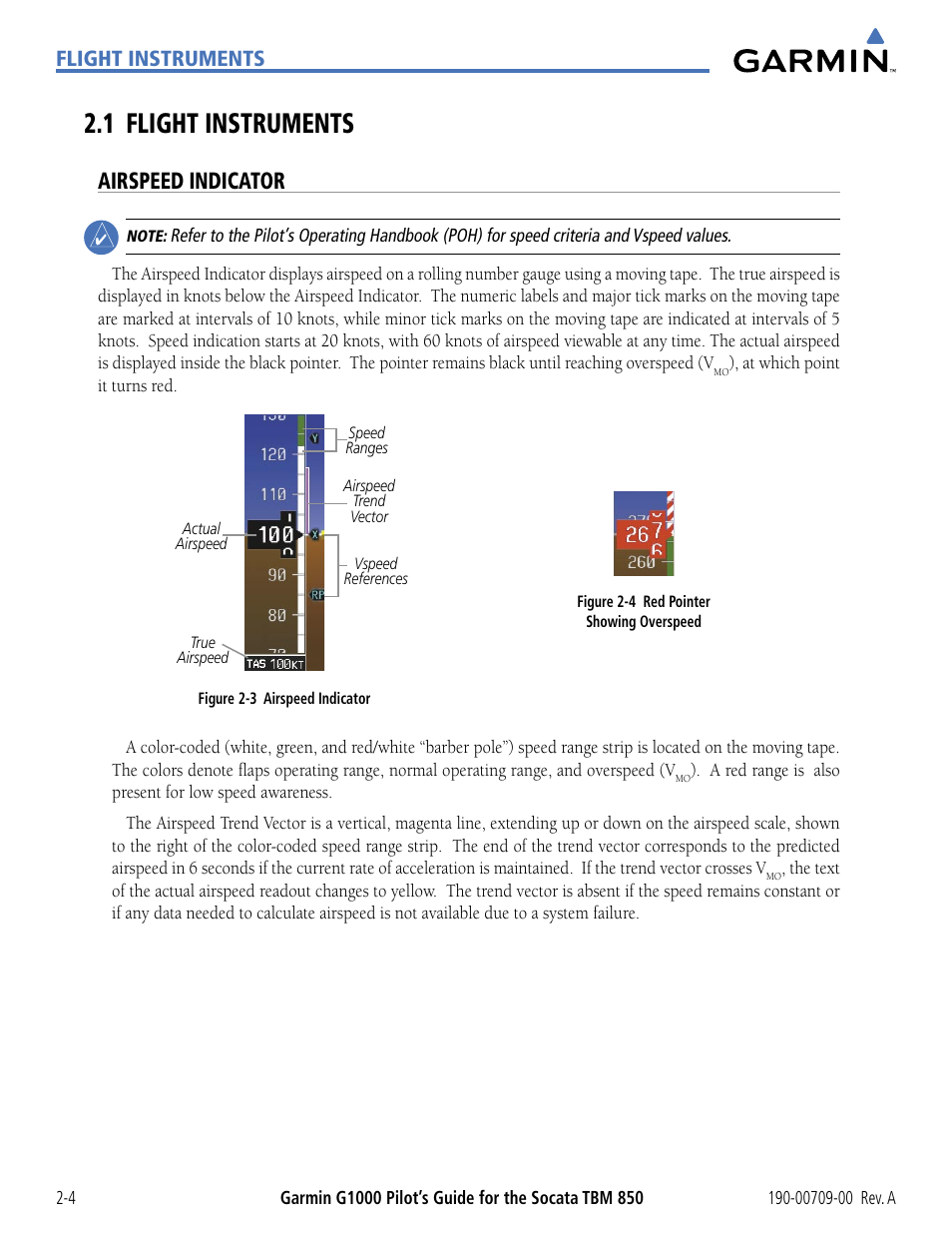 1 flight instruments, Airspeed indicator, 1 flight instruments -4 | Flight instruments | Garmin G1000 Socata TBM 850 User Manual | Page 58 / 542