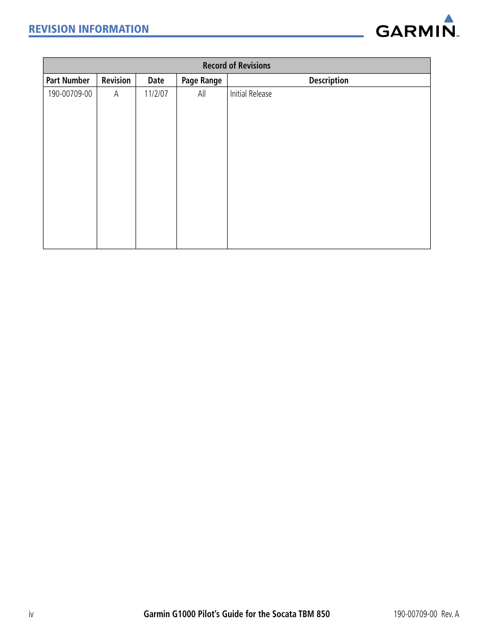 Revision information | Garmin G1000 Socata TBM 850 User Manual | Page 6 / 542