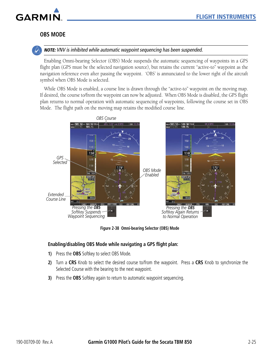 Flight instruments obs mode | Garmin G1000 Socata TBM 850 User Manual | Page 79 / 542