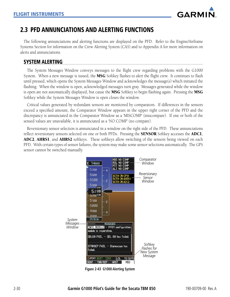 3 pfd annunciations and alerting functions, System alerting, 3 pfd annunciations and alerting functions -30 | Garmin G1000 Socata TBM 850 User Manual | Page 84 / 542