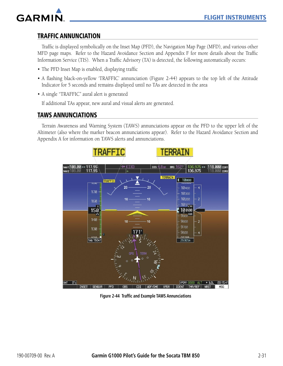 Traffic annunciation, Taws annunciations, Trafﬁc annunciation | Garmin G1000 Socata TBM 850 User Manual | Page 85 / 542