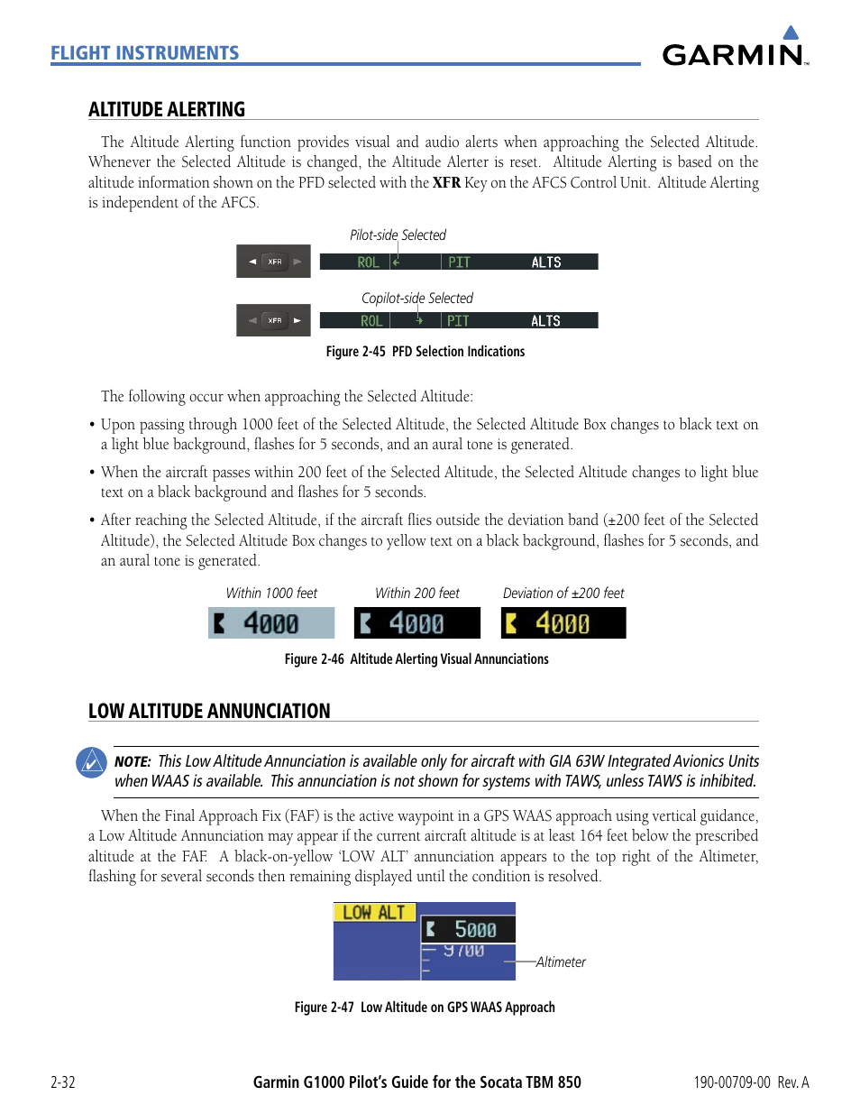 Altitude alerting, Low altitude annunciation | Garmin G1000 Socata TBM 850 User Manual | Page 86 / 542