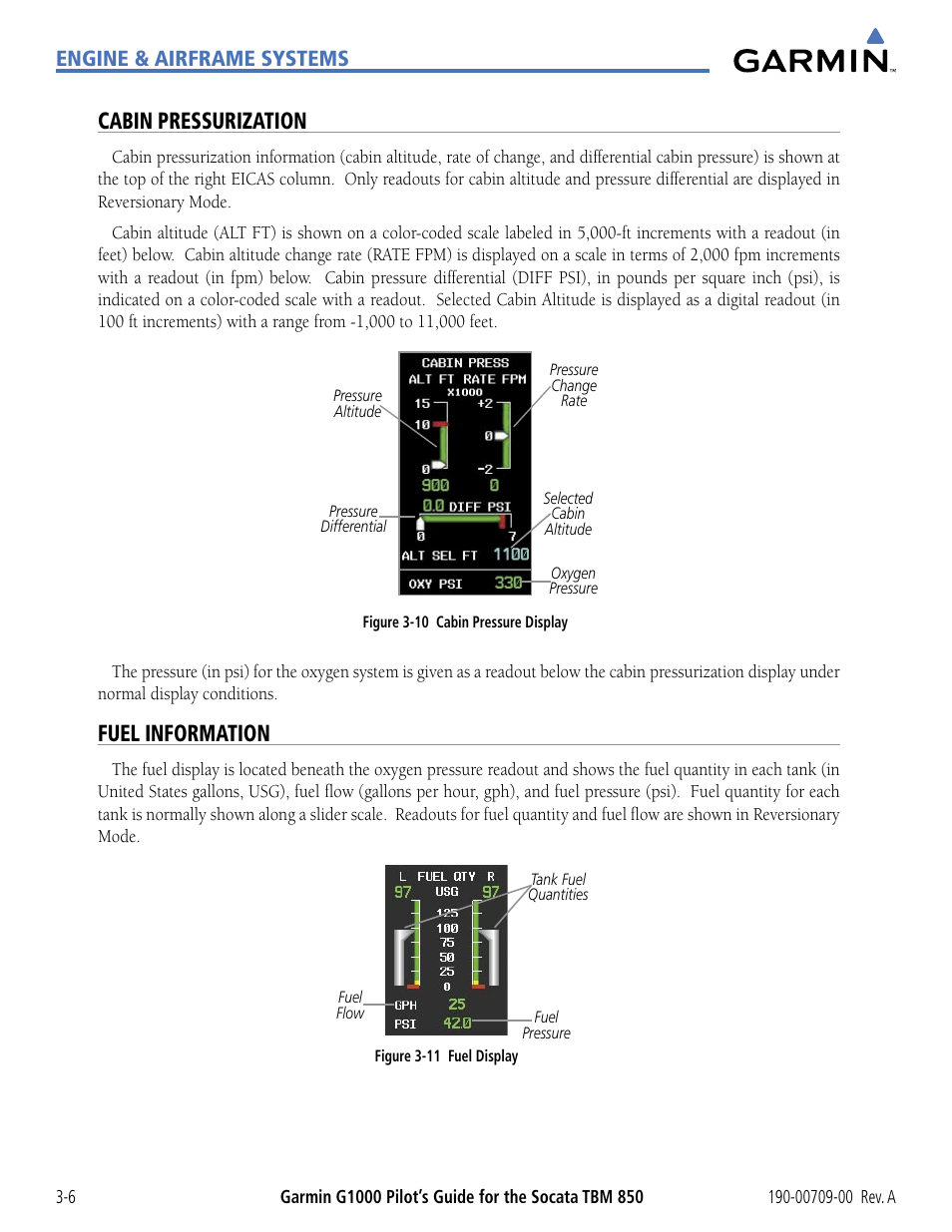 Cabin pressurization, Fuel information, Engine & airframe systems | Garmin G1000 Socata TBM 850 User Manual | Page 96 / 542
